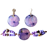 Set aretes + pulsera con flores naturales y mostacilla