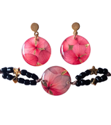 Set aretes + pulsera con flores naturales y mostacilla