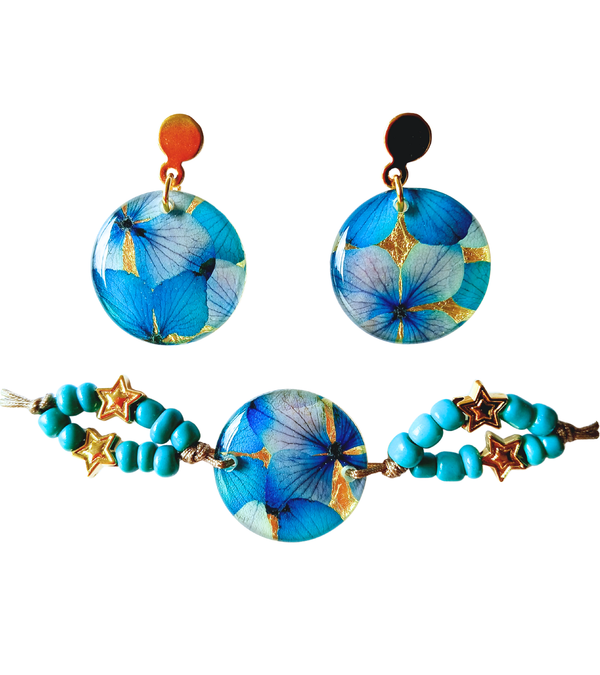 Set aretes + pulsera con flores naturales y mostacilla