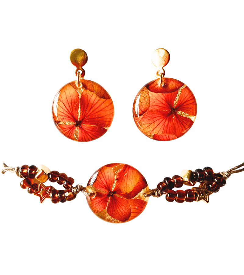 Set aretes + pulsera con flores naturales y mostacilla